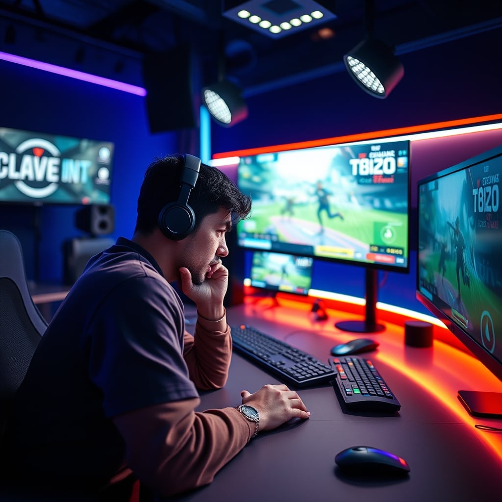 A streamer looking down at a Stream Deck, confused, while their game and chat are on the monitor.