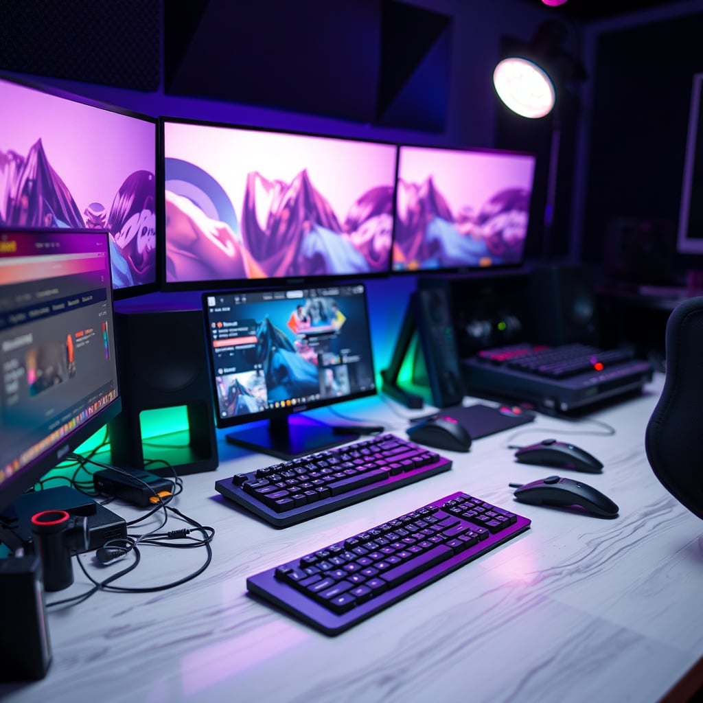 A streaming desk with a keyboard as the primary tool and an expensive Stream Deck sitting ignored to the side.