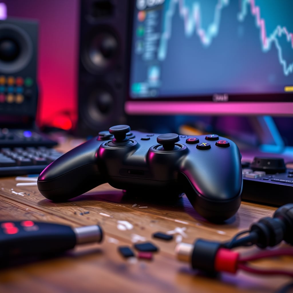 A close-up of a programmable streaming controller on a cluttered desk, representing a potential security vulnerability.