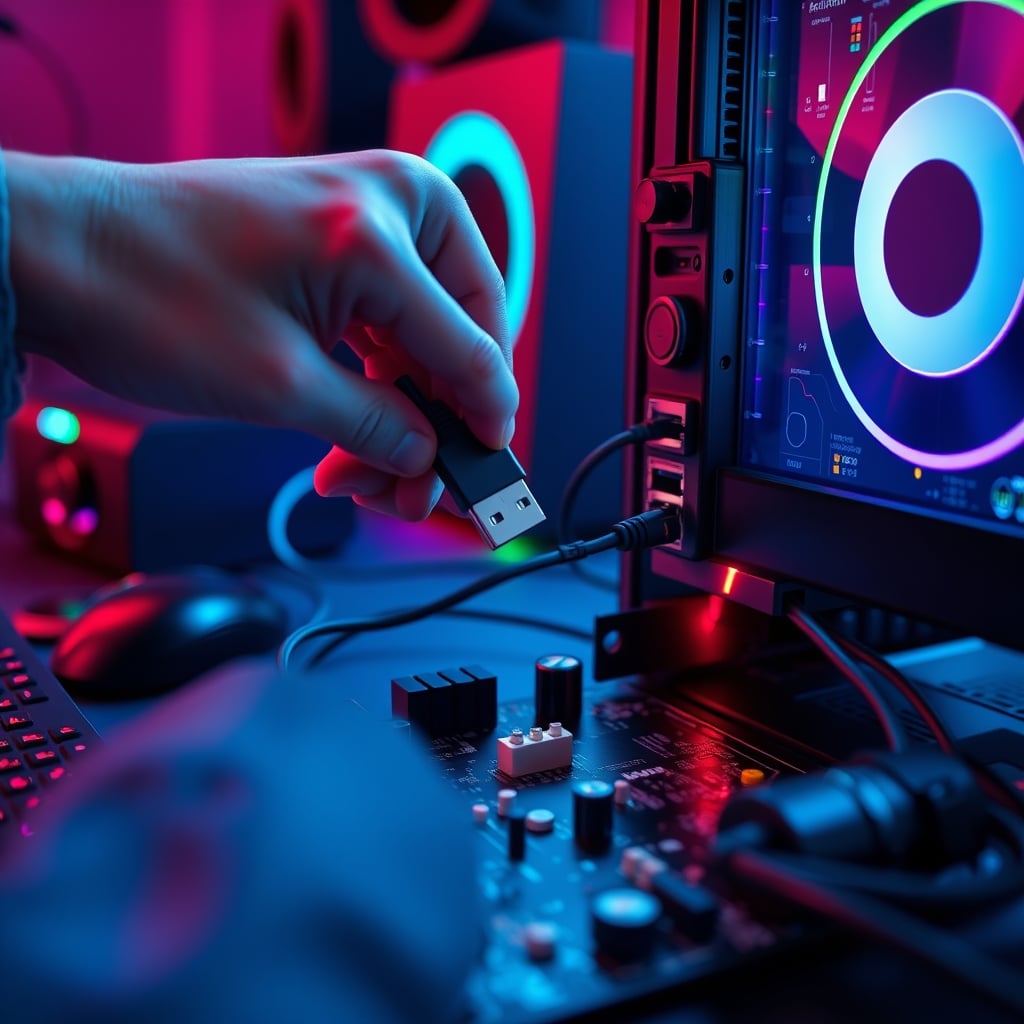 A hand plugging a USB cable directly into a port on a computer motherboard, bypassing a hub.