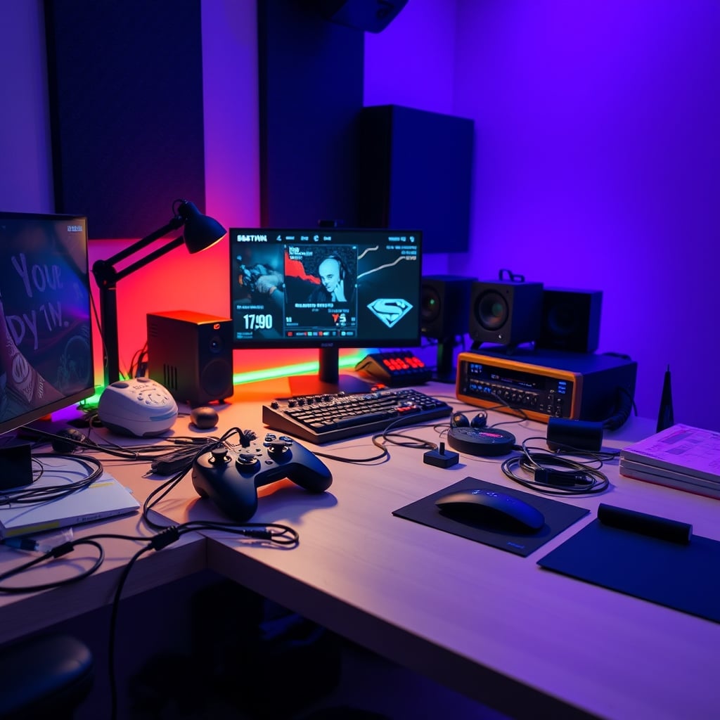 Cluttered desk with streaming controller versus clean minimalist setup