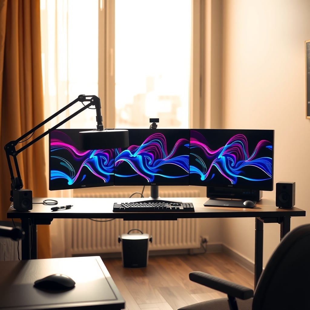 Clean streaming desk with dual monitors, microphone boom arm, and cable routing