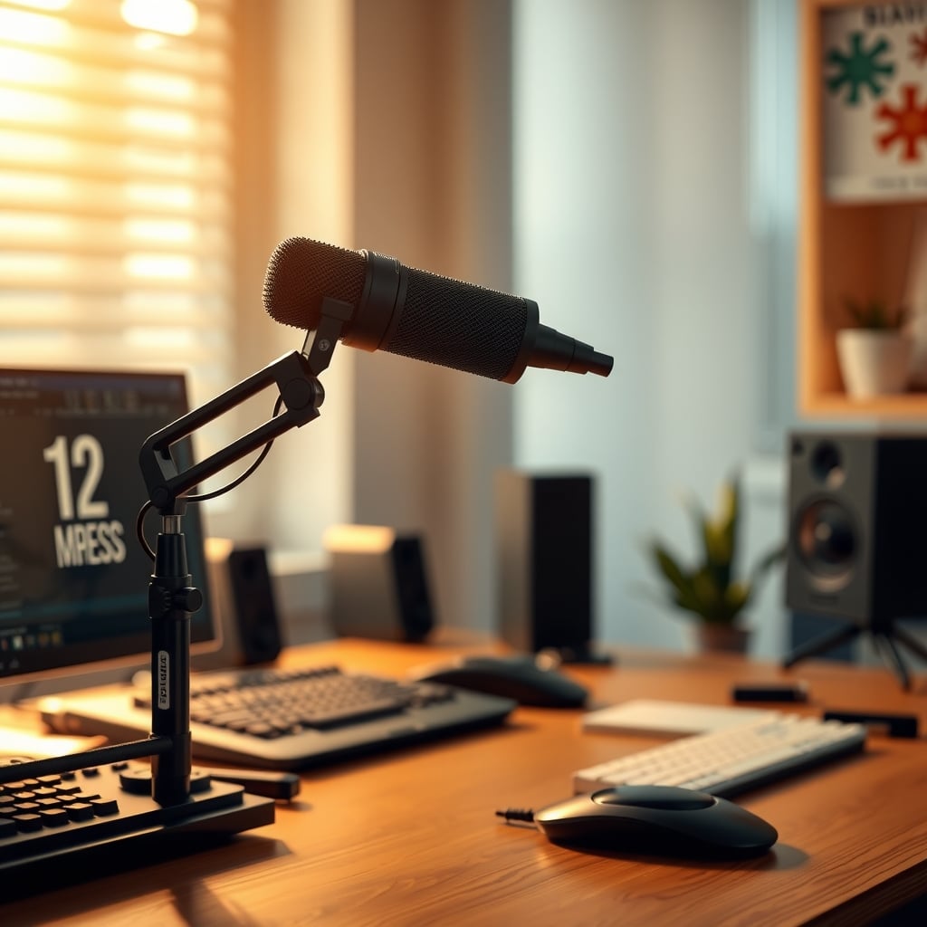 Clamp-on microphone boom arm mounted off to the side of a desk
