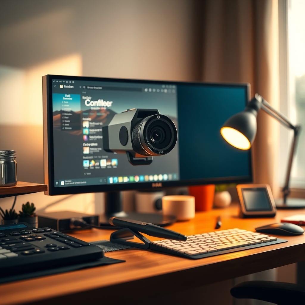 Webcam positioned at eye level above monitor on a desk