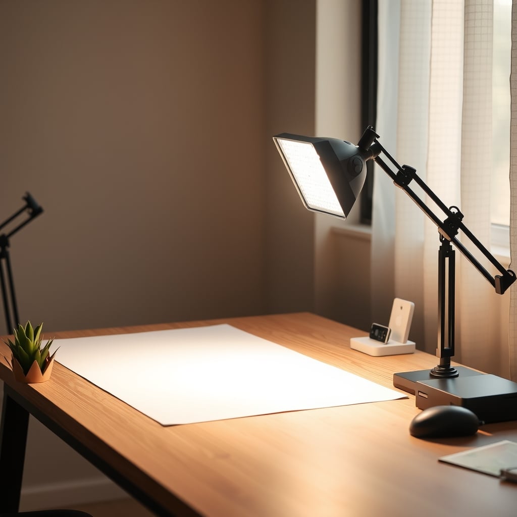 An LED work light on a stand with a white diffusion sheet, used as a professional streaming light