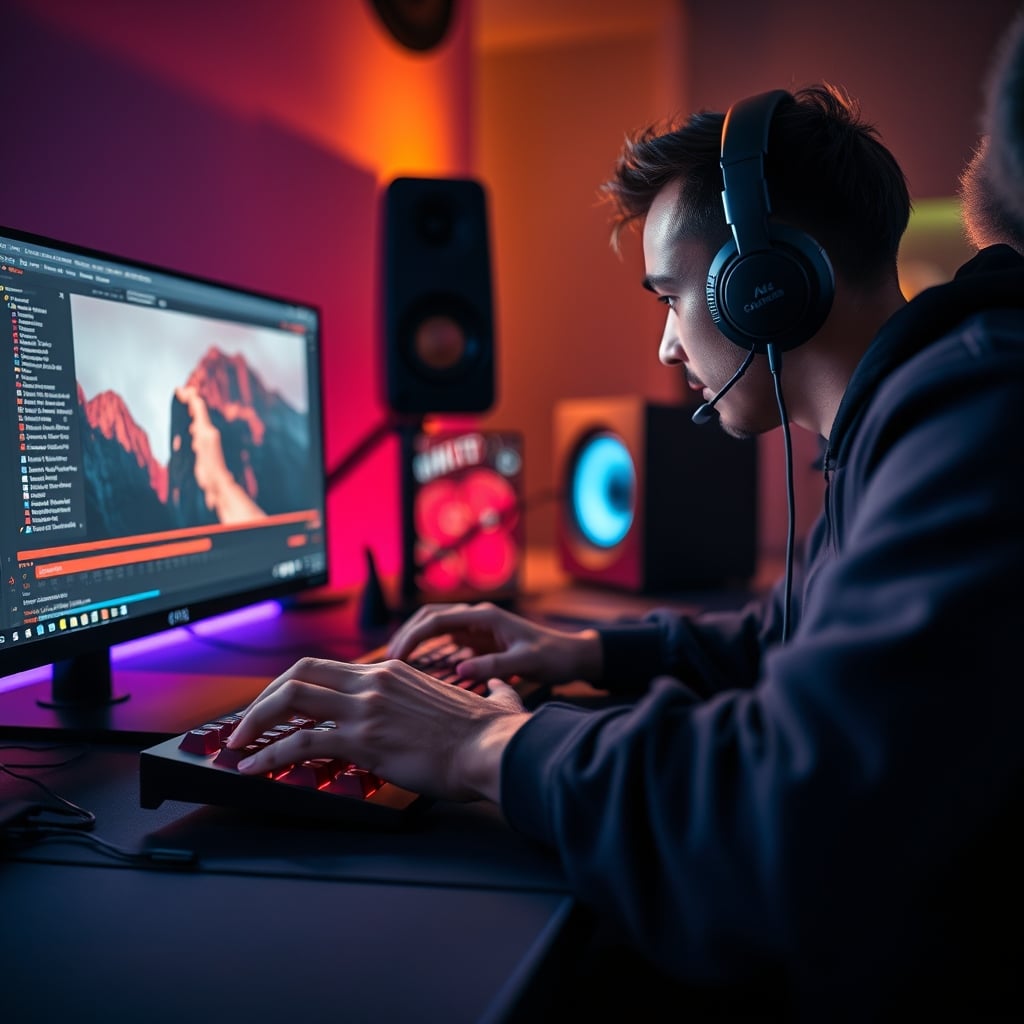 A streamer's hands on a mechanical keyboard during a live stream, using complex shortcuts, not touching a separate macro pad.