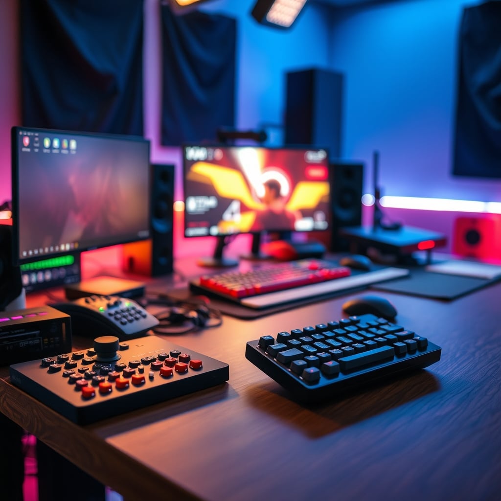 A messy desk in 2026 with a streaming microphone, keyboard, and monitor, but the macro pad is visibly unused and shoved next to the monitor.