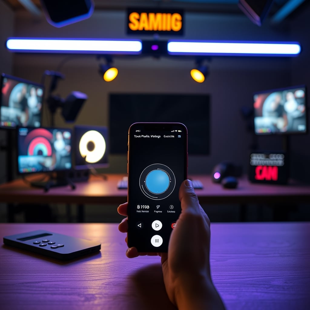 An old smartphone mounted as a controller running Touch Portal software, showing OBS scene buttons, next to a clean desk.