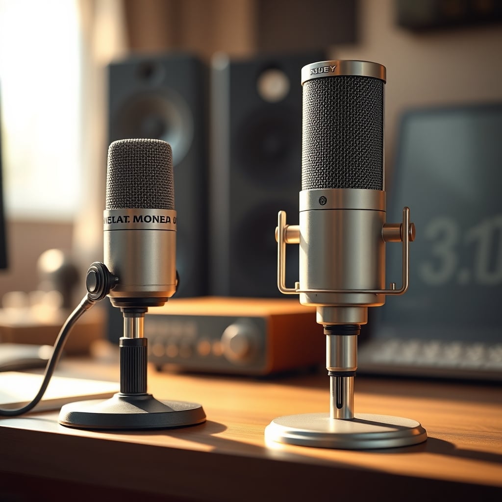 A sleek, simple dynamic microphone next to a large, complex condenser microphone