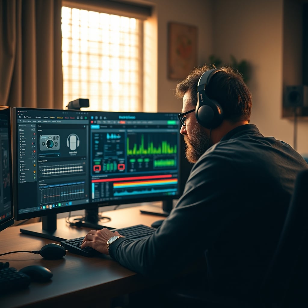 A frustrated person looking at a complex digital audio workstation with many plugins open