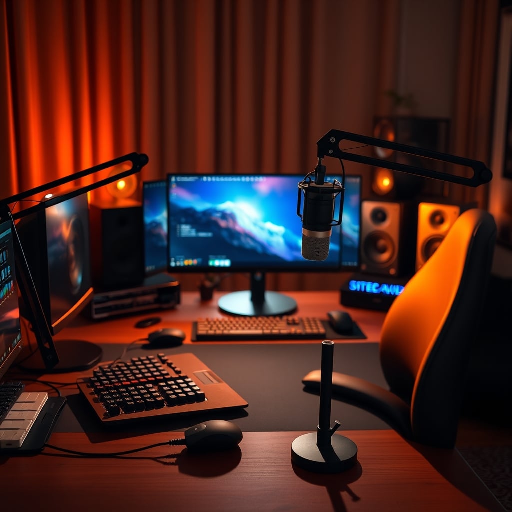 A well-lit streaming desk with a microphone positioned directly in front of the streamer