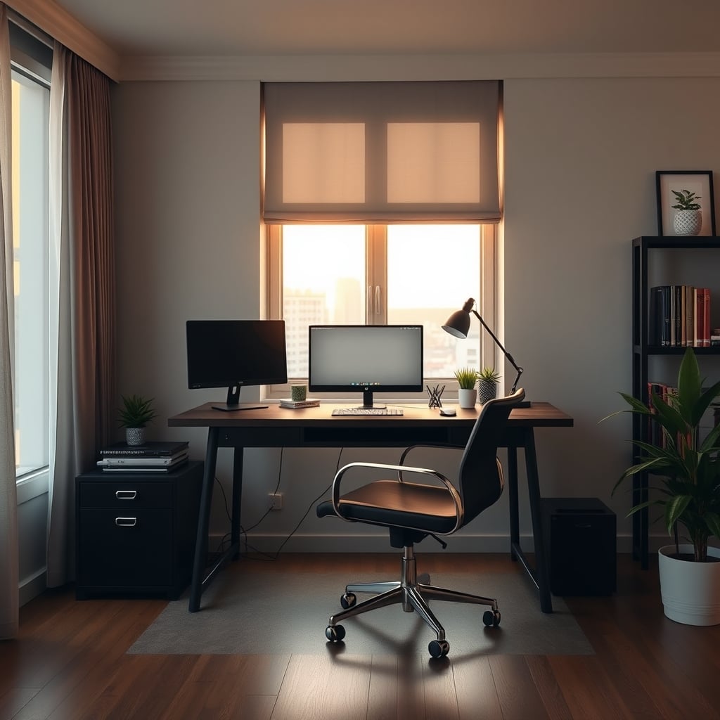 Compact studio apartment desk setup with a laptop and monitor