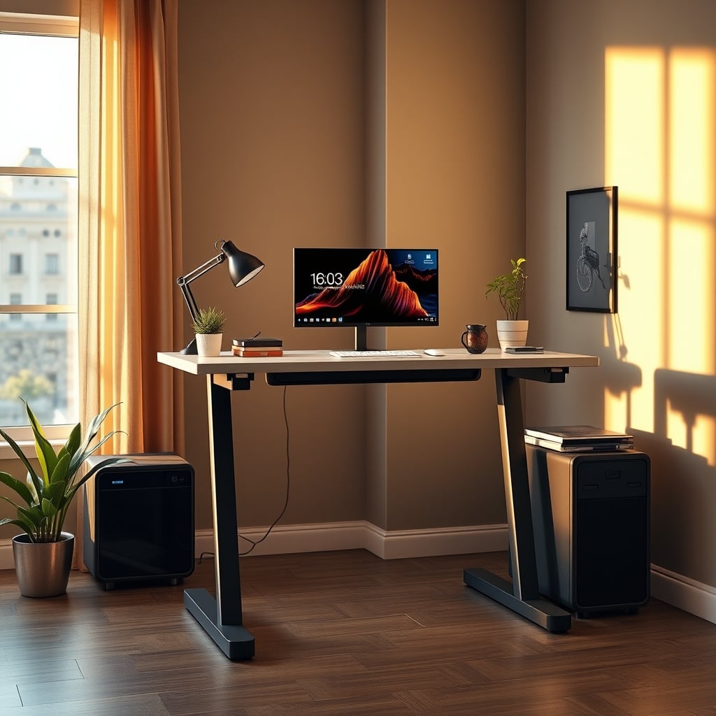Electric standing desk in a small room with wheels