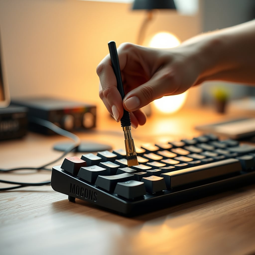 A person meticulously applying grease to a single keyboard switch stem with a tiny brush.