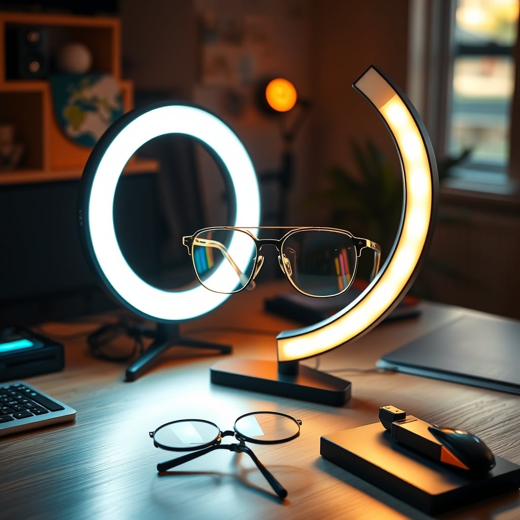 Close-up of a person wearing glasses with a ring light reflection visible in lens