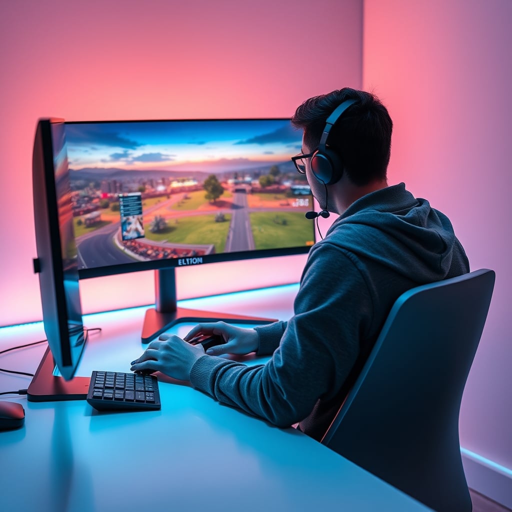 Person enjoying a single-player game on a standard refresh rate monitor