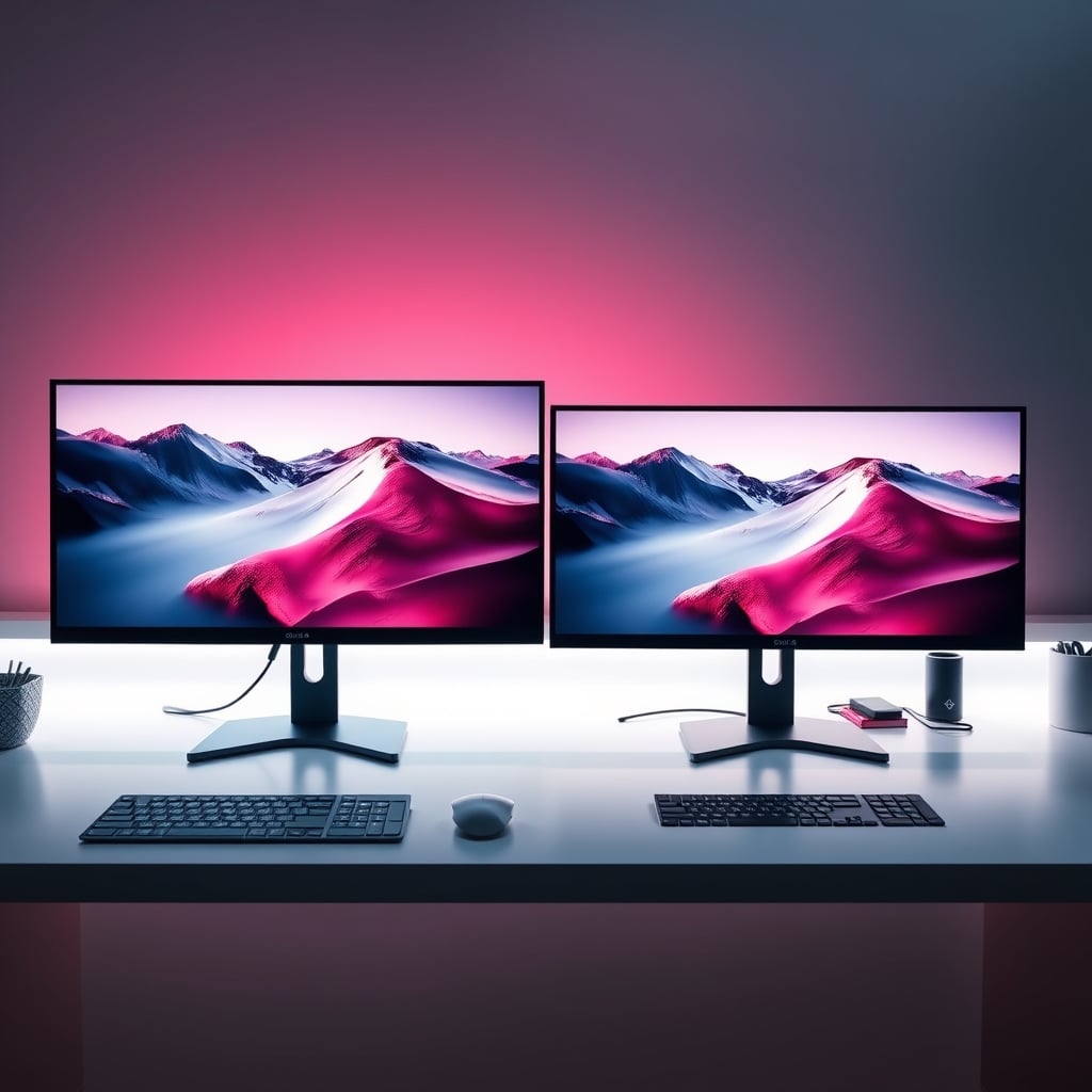 Comparison between a flashy gaming monitor and a simple professional monitor on the same desk setup