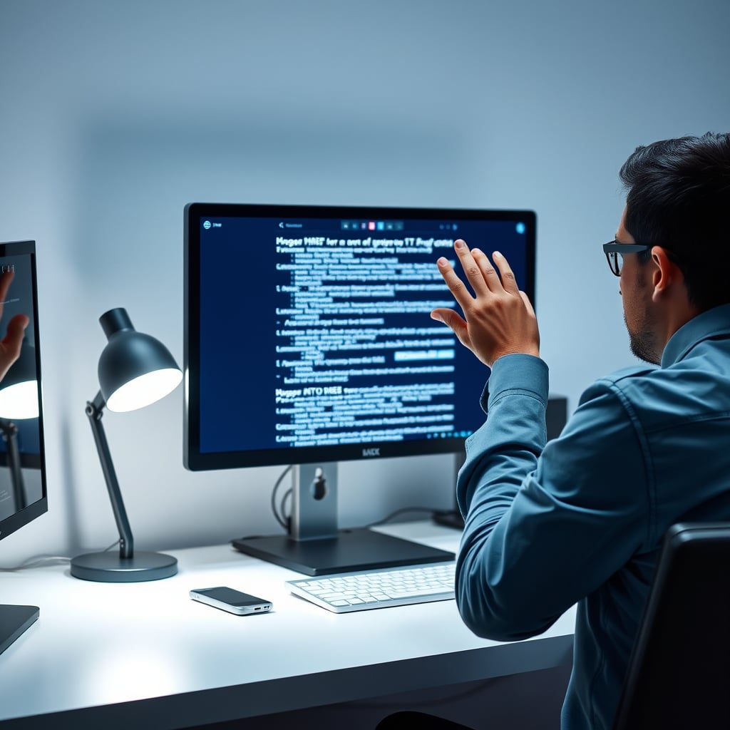 A person squinting at a monitor with blurry, poorly scaled text, illustrating the common issue with high-resolution monitors on smaller screens.