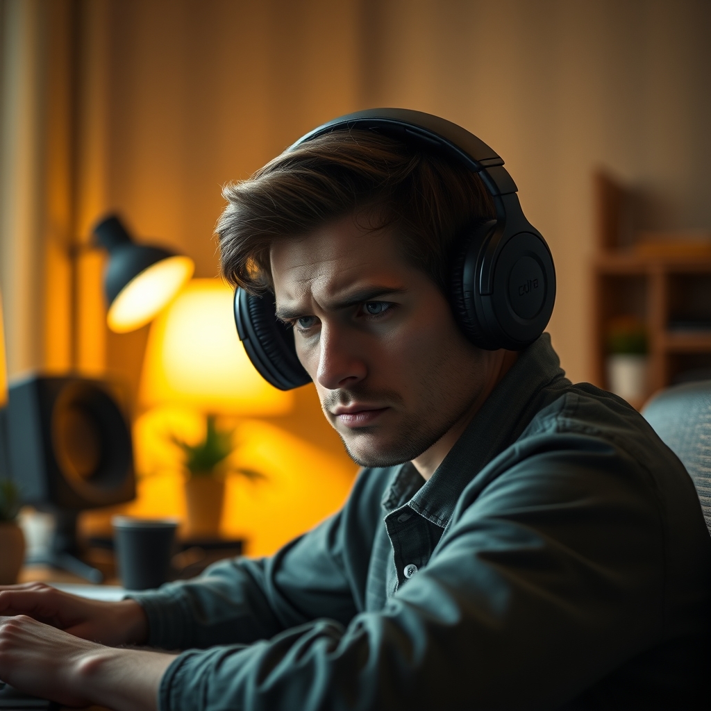 Person experiencing cognitive fatigue from noise-cancelling headphones during deep work.