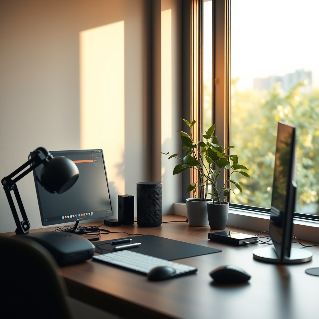 A serene, minimalist home office setup optimized for focus with natural ambient sound.