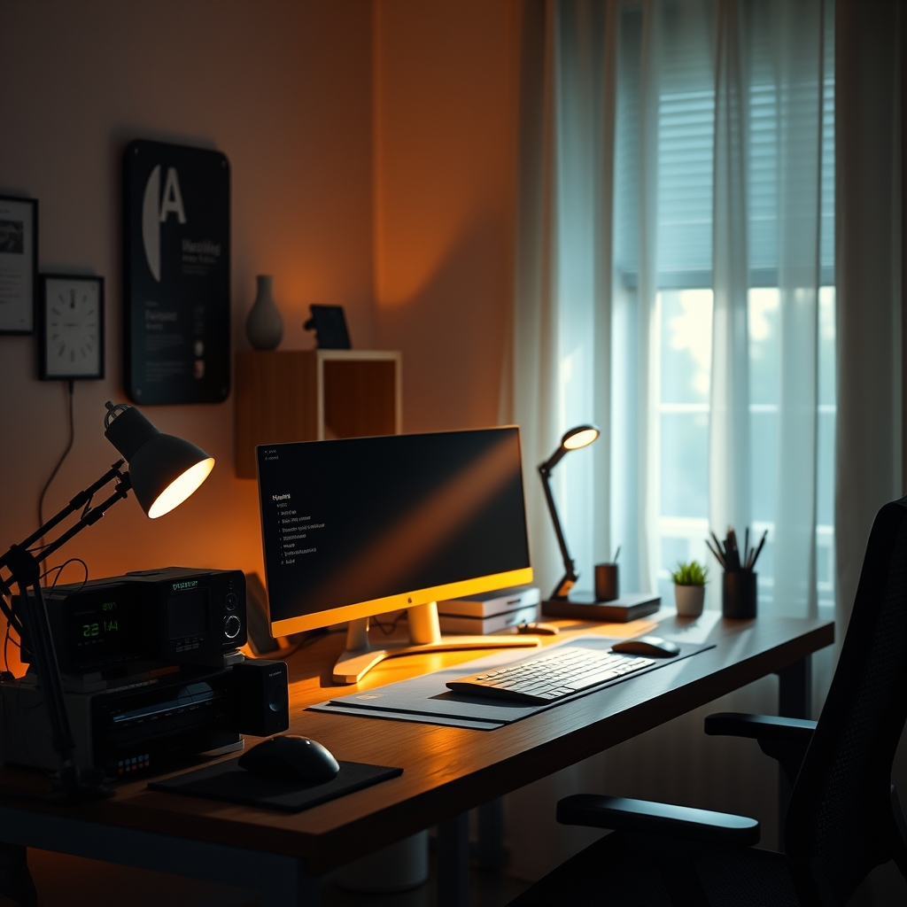 A perfectly lit desk setup demonstrating layered lighting, with a warm ambient glow, a focused task light, and soft, balanced illumination.