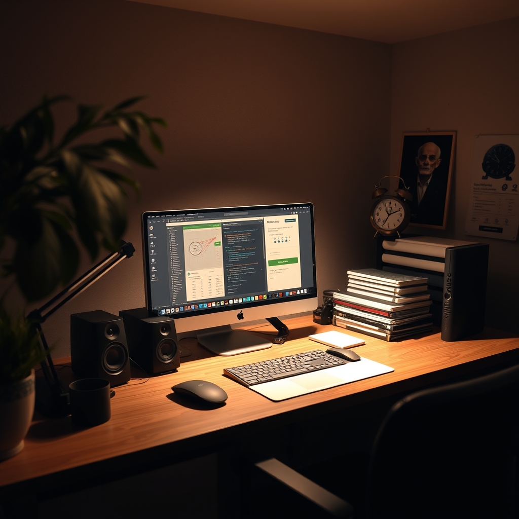 A desk with harsh, single-point overhead lighting casting distracting shadows and creating a sterile, unappealing workspace.
