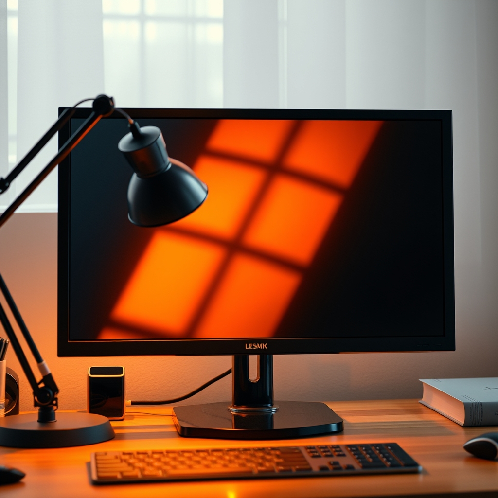 A computer monitor screen showing distracting and severe glare caused by an improperly positioned desk lamp, making the display difficult to see.