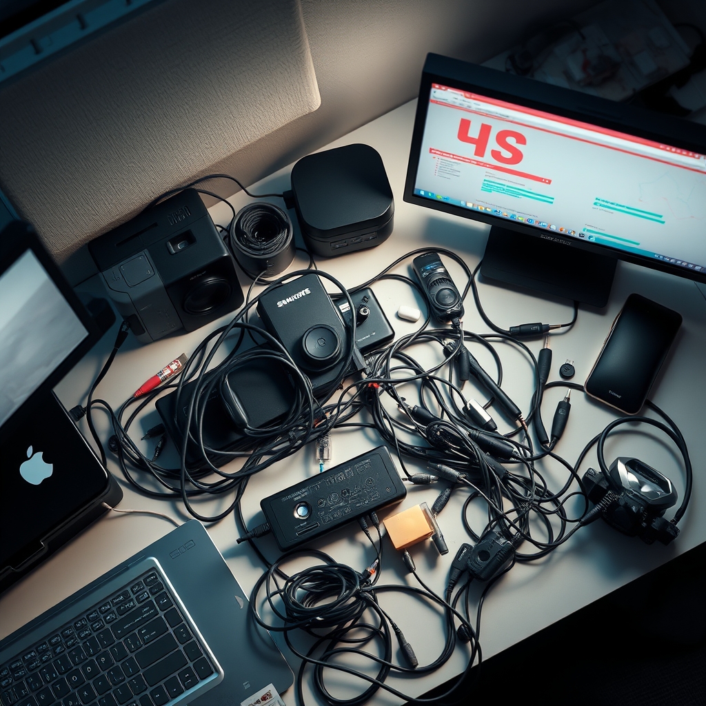 A small, cluttered desk overwhelmed by an oversized USB hub and tangled cables, highlighting the inefficiency of too many accessories.