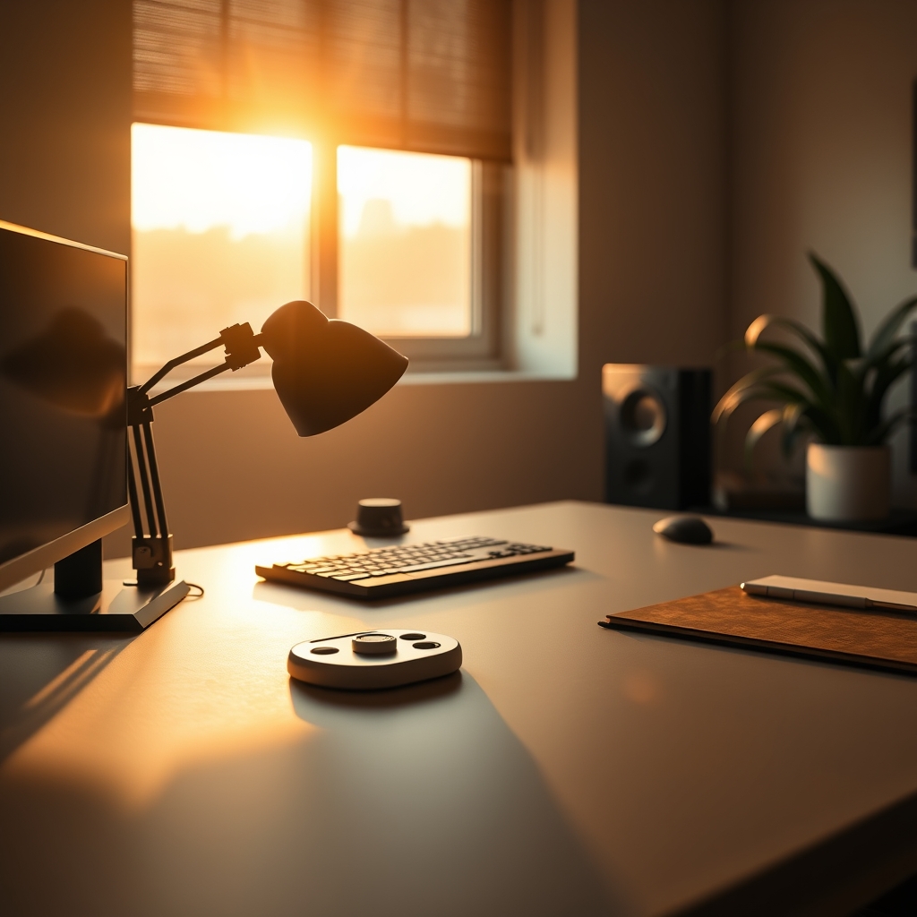 A minimalist deep work desk setup featuring a discreet fidget tool for enhanced focus.