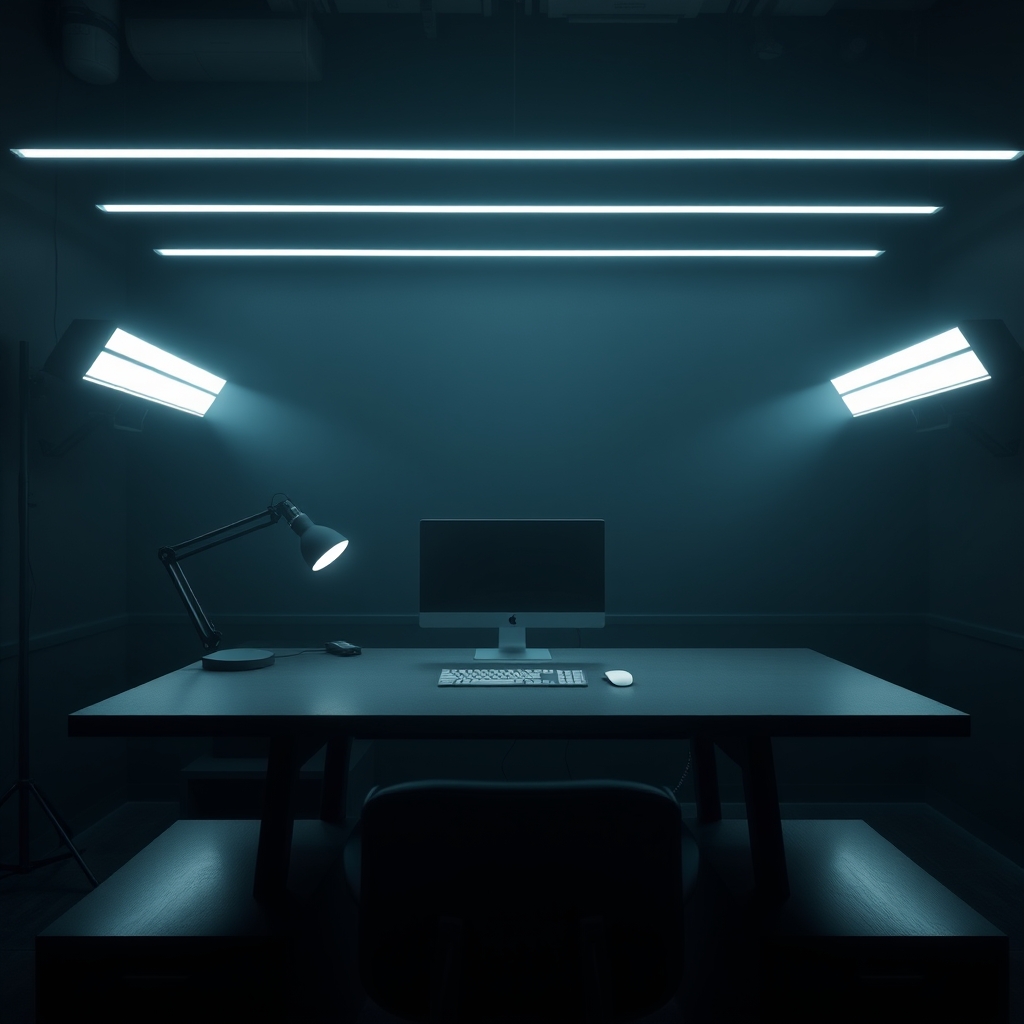 A minimalist desk setup featuring matte surface textures and indirect lighting, preventing reflections and enhancing focus.