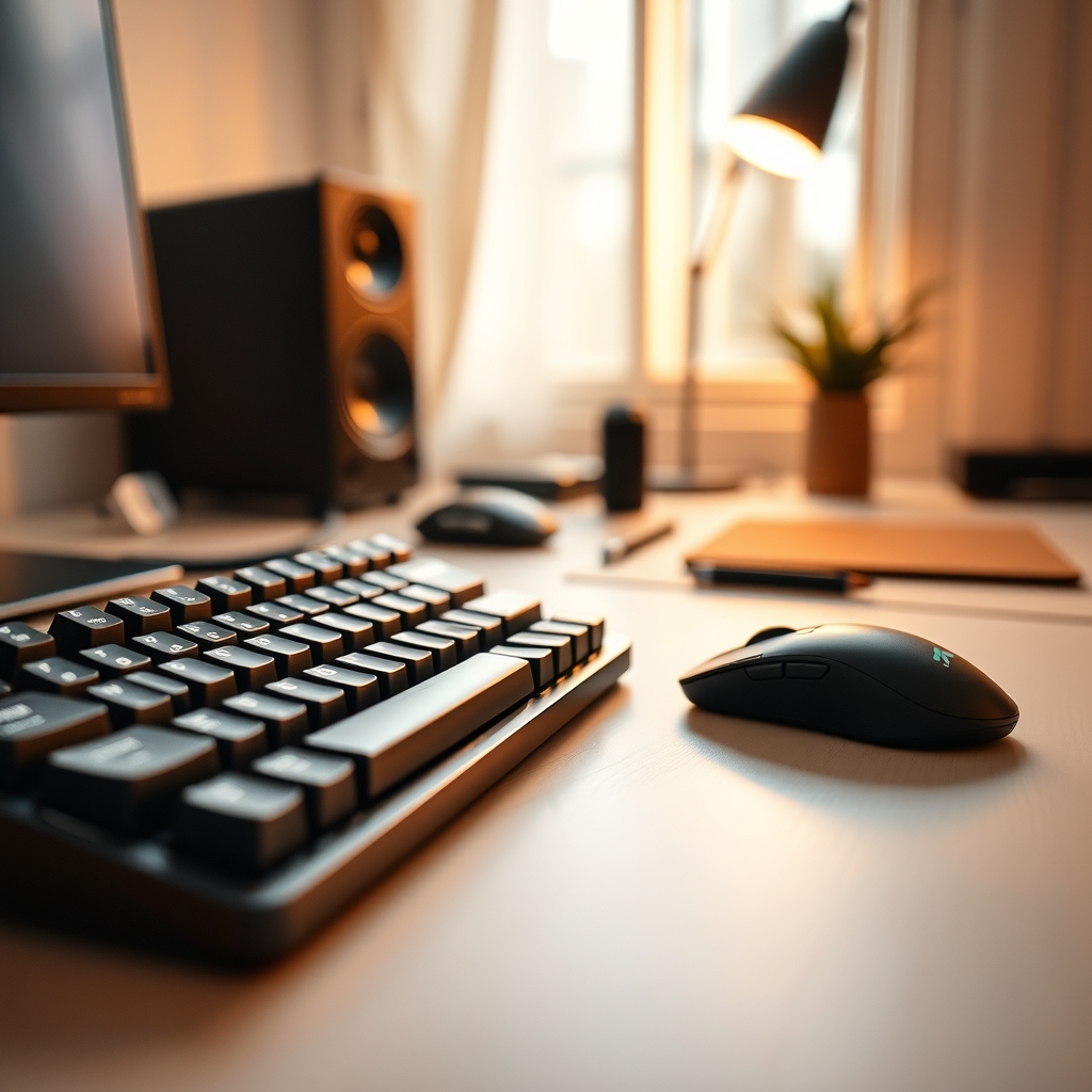 A compact 60% mechanical keyboard and ergonomic mouse on a clean, simple desk, illustrating peripheral minimalism.