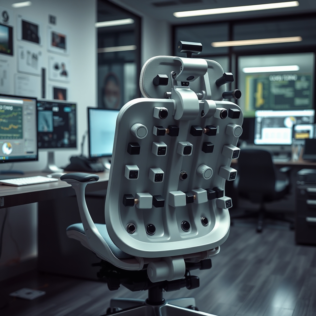 A complex ergonomic office chair with numerous levers and adjustment knobs, symbolizing the cognitive load that excessive features can impose.