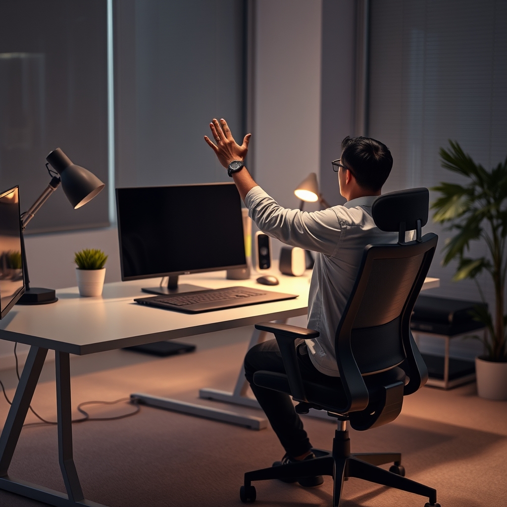 A person briefly standing up and stretching beside a minimalist ergonomic office chair, emphasizing the importance of regular movement breaks for deep work.