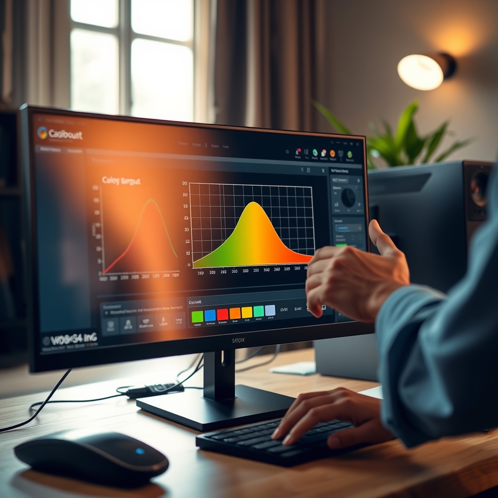 An expert calibrating a monitor with specialized software, showing accurate color gamut and gamma settings.