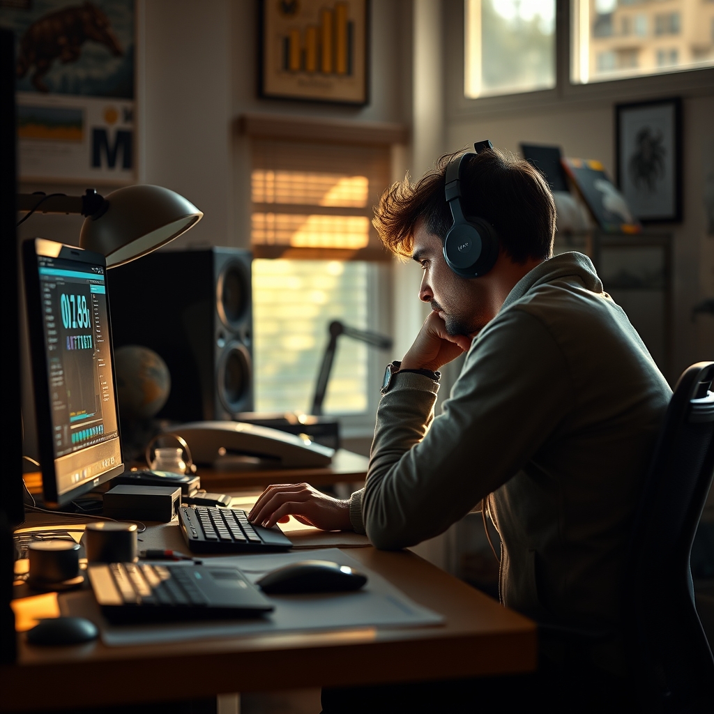 A user in a relaxed, non-traditional ergonomic posture, deeply focused on a high-tech desk setup.