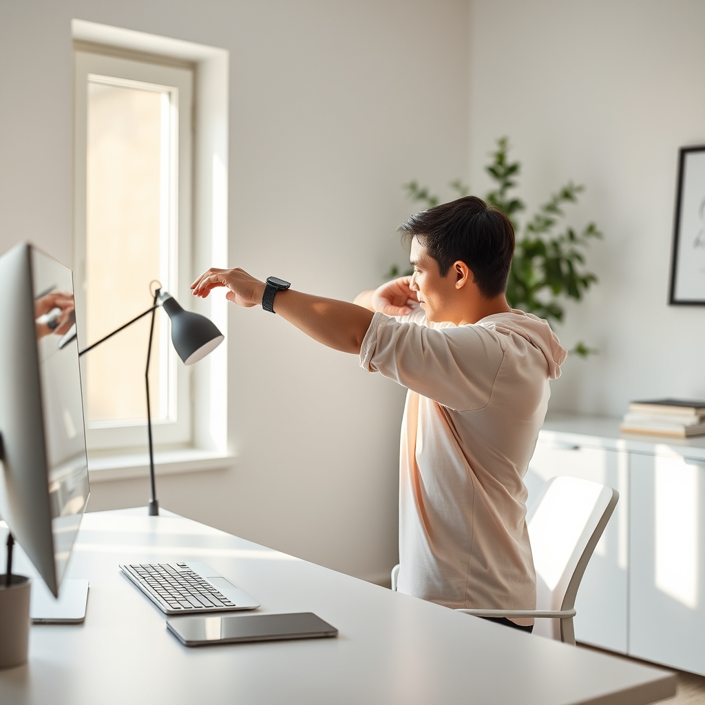 Minimalist home office with a person performing a quick stretch, promoting active breaks