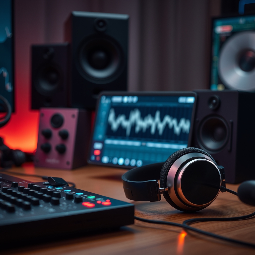 Studio monitoring headphones and audio interface showing proper gain staging for optimal podcast audio quality.