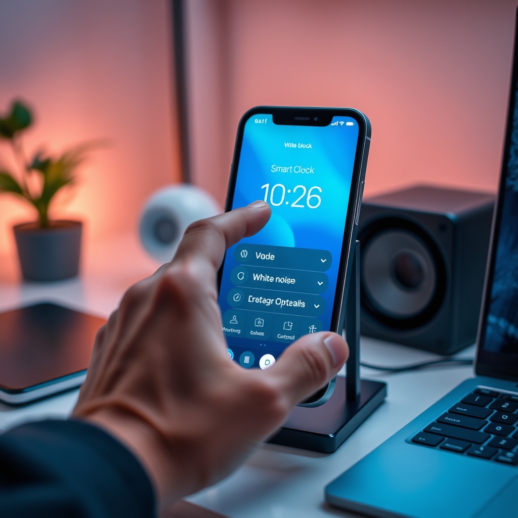 A user precisely programming a smart clock's app for advanced sleep environment control.
