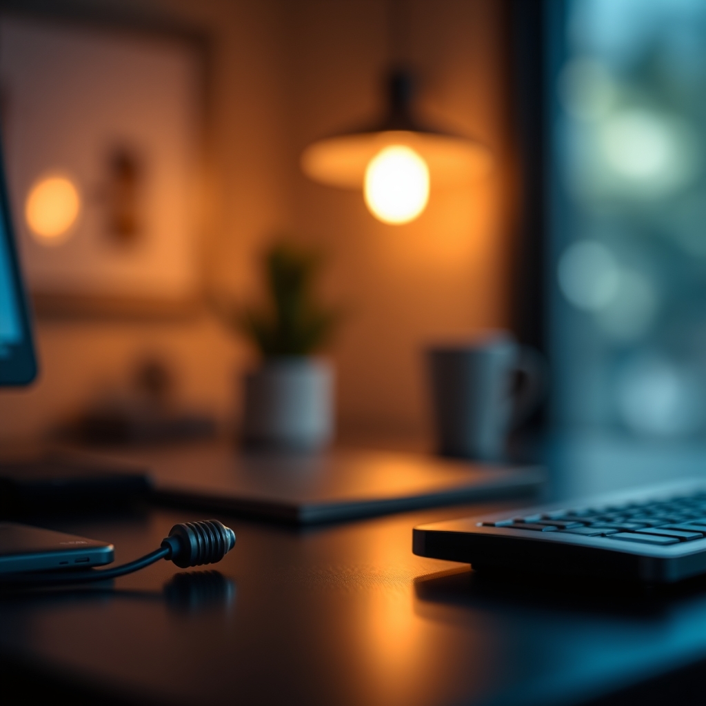 A close-up of a smart lighting fixture subtly glowing, indicating smart automation and its role in enhancing, not overwhelming, a room's aesthetic.