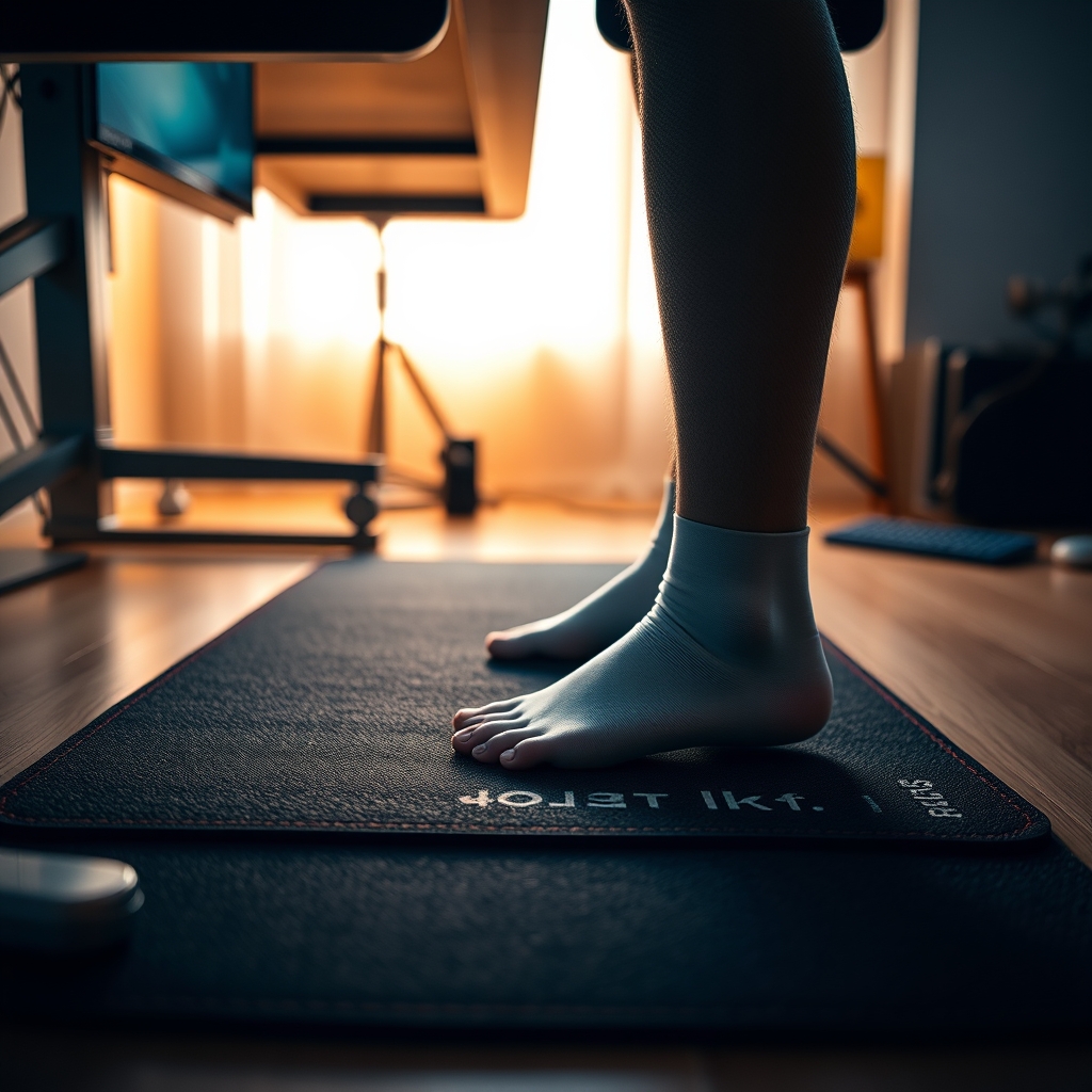 Close-up of feet gently shifting weight on an anti-fatigue mat beneath a standing desk, illustrating essential comfort and dynamic movement for prolonged standing.