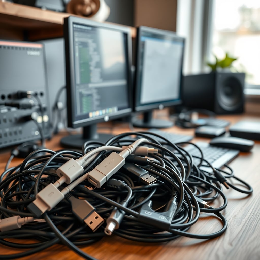 A tangle of mismatched, low-quality USB-C cables and generic hubs, illustrating the confusion and potential for performance issues in a desktop setup.