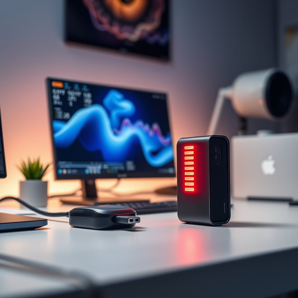 A close-up of a compact USB-C hub showing visible heat stress, perhaps with a subtle heat map overlay, highlighting the issue of thermal throttling in high-demand setups.