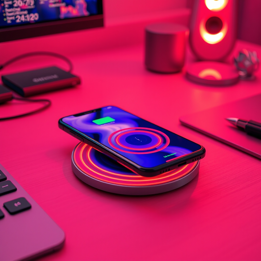 Infrared thermal image of a phone wirelessly charging, showing hot spots around the charging coil, indicating heat dissipation issues.