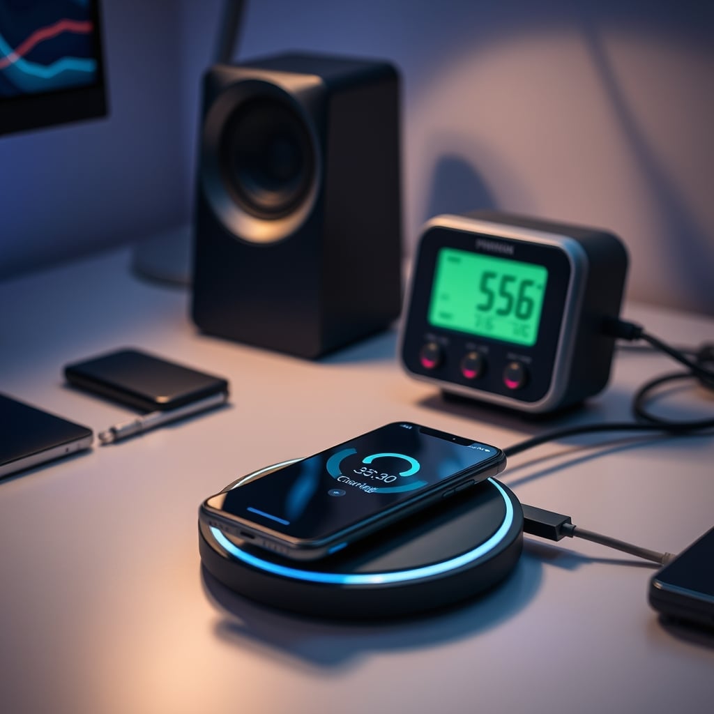 Wireless charging pad with a phone on it, displaying an actual power draw (wattage) on a connected meter