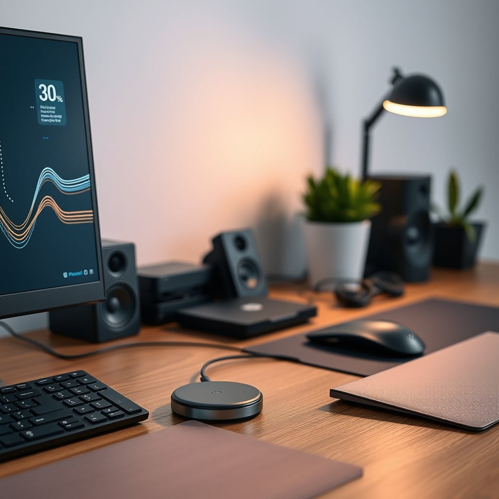 Clean desk setup with a subtle wireless charging pad, cable expertly managed and out of sight