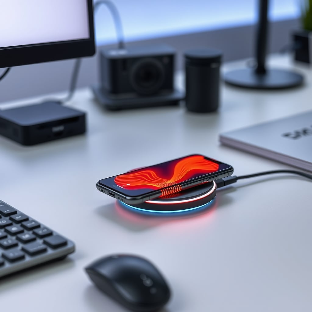 Smartphone overheating on a wireless charging pad, emitting visible heat waves