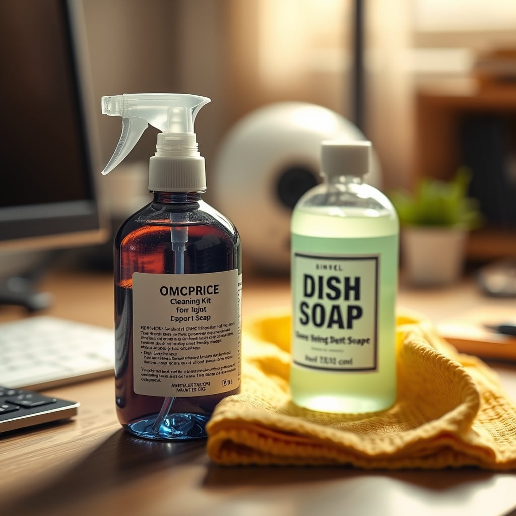 An expensive, minimalist-branded desk cleaner next to a bottle of common dish soap and a simple white microfiber cloth.