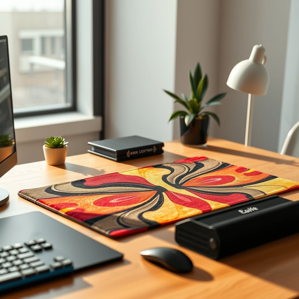 A clean, minimalist desk setup with a deep blue leather desk pad as the focal point, coordinating with keyboard and plants.