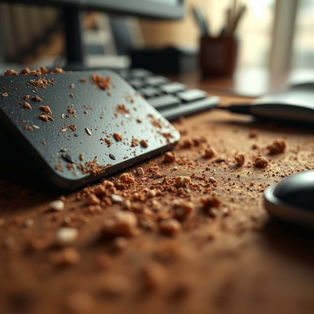 Extreme close-up revealing the hidden crumbs, skin flakes, and stains embedded in the surface of a fabric desk pad.