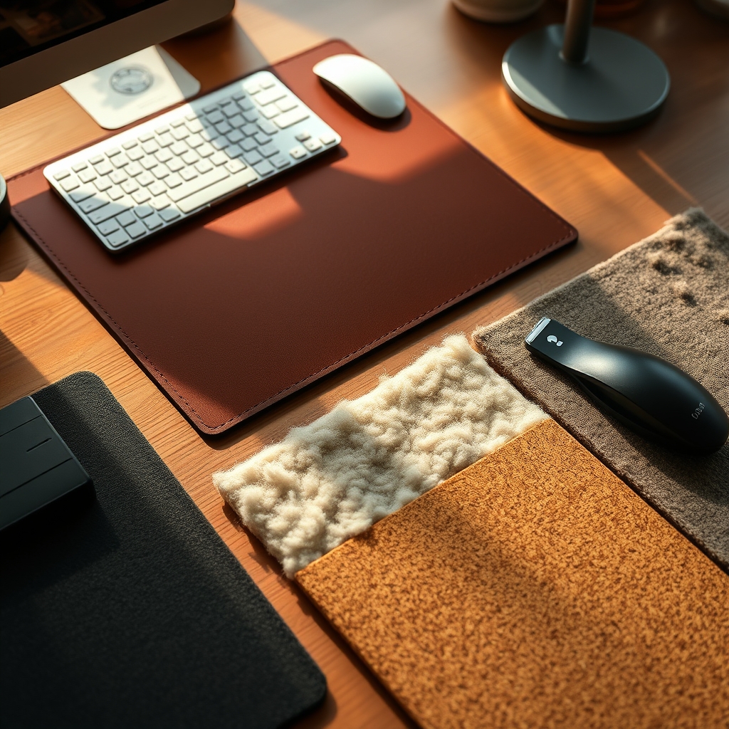 Samples of high-quality desk mat materials: leather, wool felt, and cork, showing their natural textures.